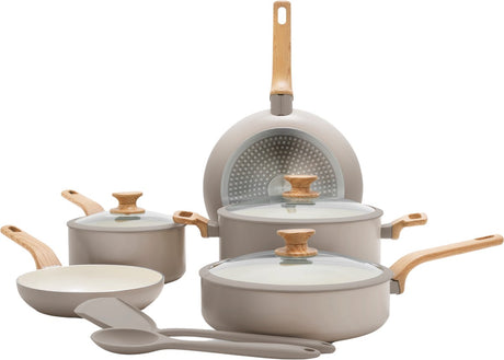 Greenpan essence pannenset 10-delig - 18 20 24 26cm - pfas-vrije antikleeflaag - pannenset inductie - keramische pan - ovenbestendig tot 160°c - houteffect handgrepen - koudgrepen - met glazen deksel - taupe
