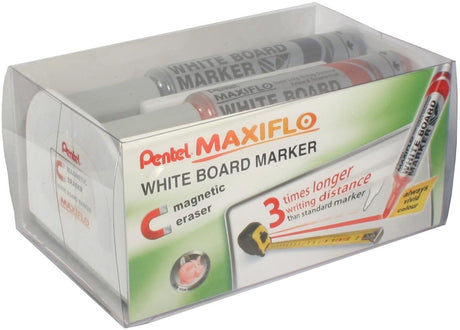 Pentel whiteboardmarker maxiflo set van 4 stuks: blauw | rood | groen en zwart + magnetische bordwisser
