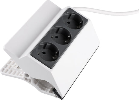 Q-link stekkerdoos - 3-voudig - met klembevestiging - platte stekker met treklip - randaarde aansluiting - kabel 3 x 1.5 mm² - kabellengte 3 meter - maximaal 3500 watt - kleur wit antraciet