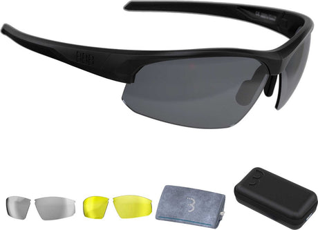 Bbb cycling fietsbril heren en dames - wielrenbril met 3 lenzen - sportbril met hoes - lichtgewicht racefiets bril - mat zwart - impress travelcase bsg-58t one size
