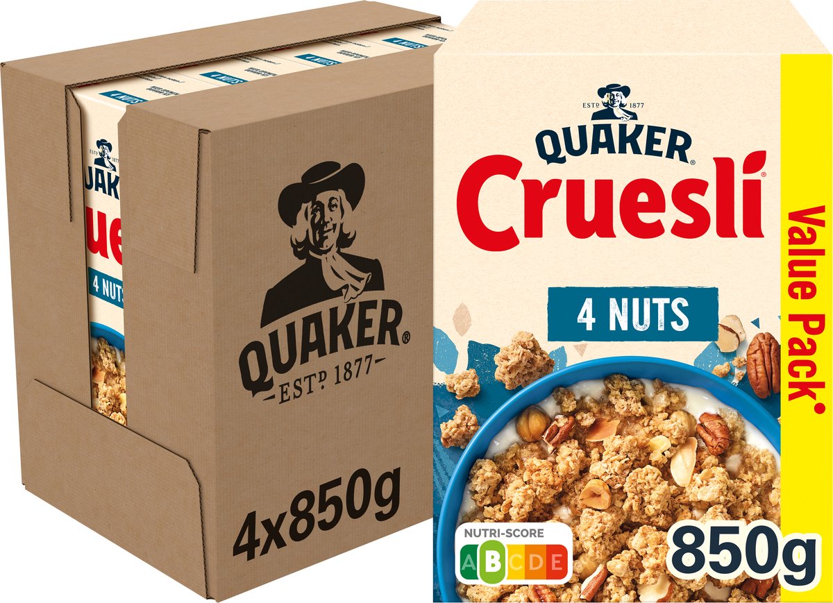 Quaker cruesli 4 noten - ontbijtgranen - 4 x 850 gram