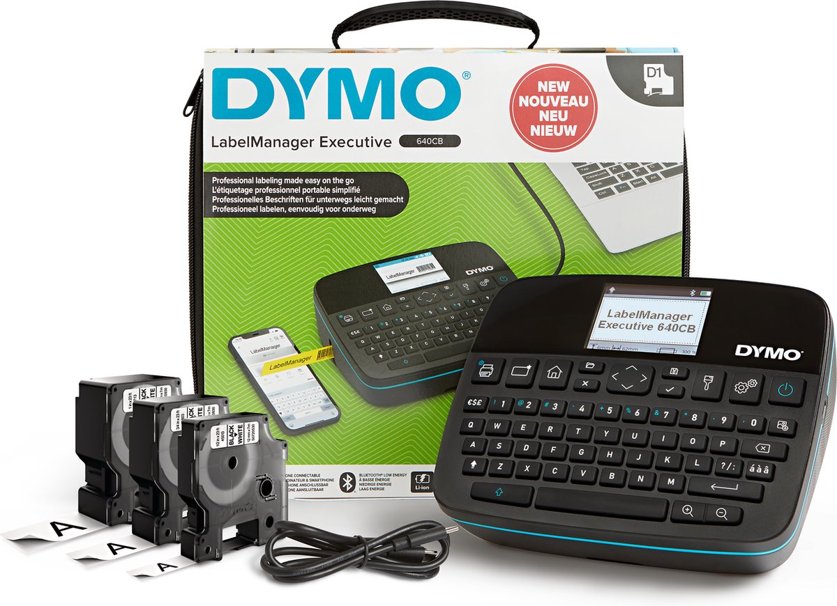 Dymo labelmanager executive 640 cb draagbare labelprinterkit met draagtas en 3 labelcassettes | compacte qwerty-labelmaker | bluetooth- usb-connectiviteit | compatibel met d1-labels