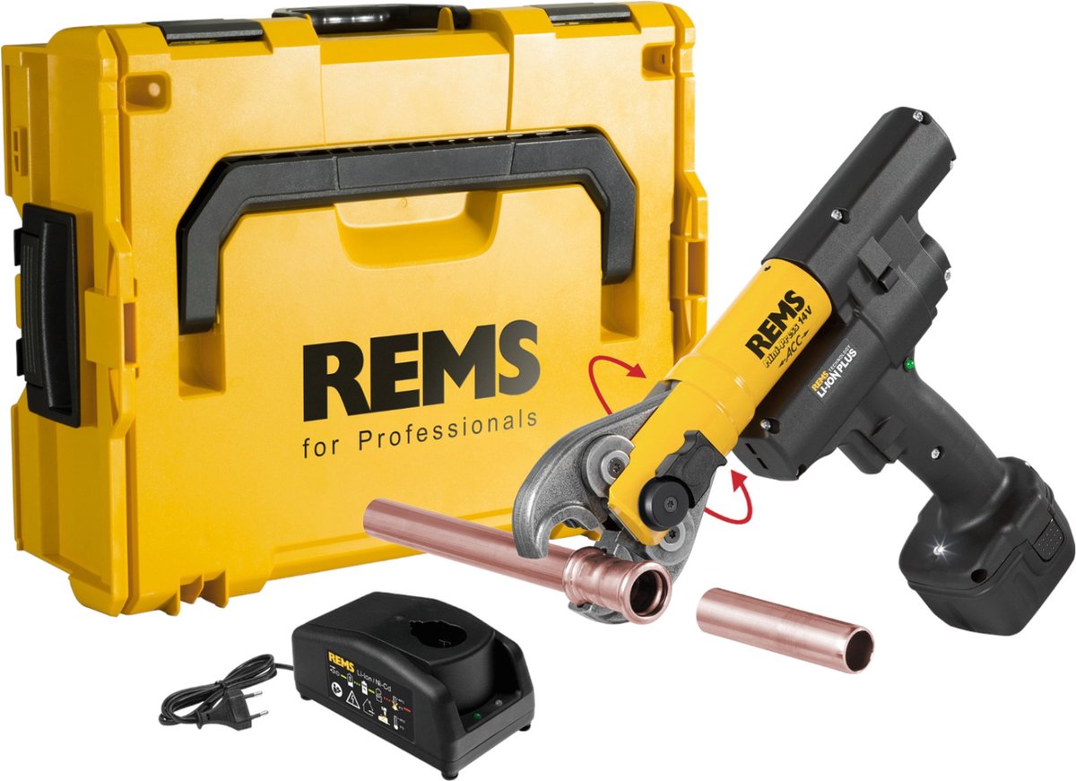 Rems mini press 14v acc basic pack draadloze radiaalpers 14,4 v 22 kn ( 578013 r220 ) + 1x herlaadbare batterij 2,5 ah + lader + l-boxx
