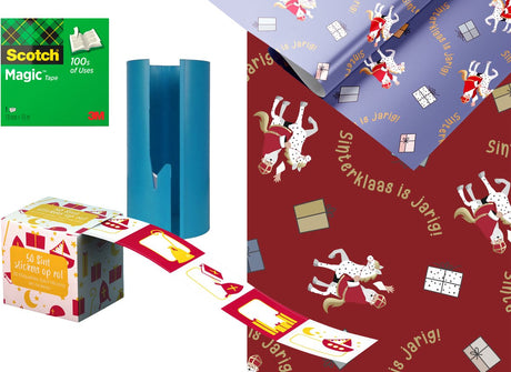 Haza sinterklaas inpak pakket - 4 rollen inpakpapier - plakband - sticker labelbox - met papiersnijder