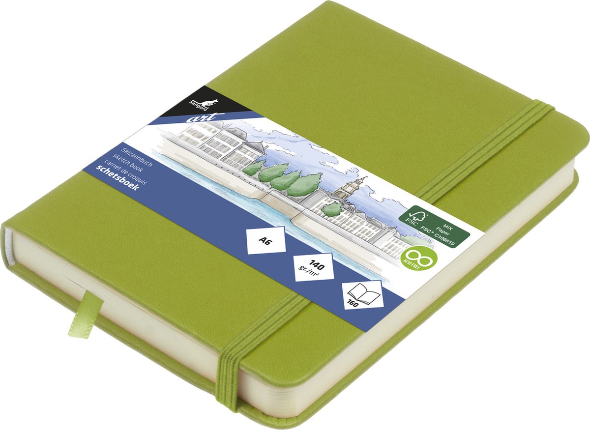 Kangaro schetsboek - a6 - lime green - pu-hardcover - met elastiek en leeslint