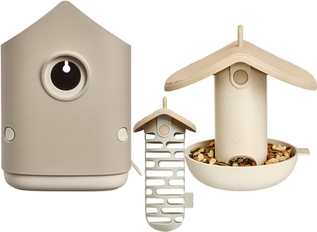 Elho cosy bird set - inclusief vogelhuis, voederhuis en vetbolhouder - 100% gerecycled plastic - paddenstoel beige