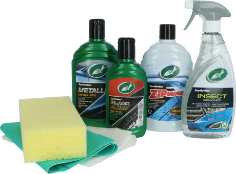 Turtle wax car care set poetsemmer - 7 delige set - inhoud: metallic wax - black in a flash - insecten teerverwijderaar - shampoo zip wax - spons - synthetische zeem - katoenen poetsdoek - in handige emmer
