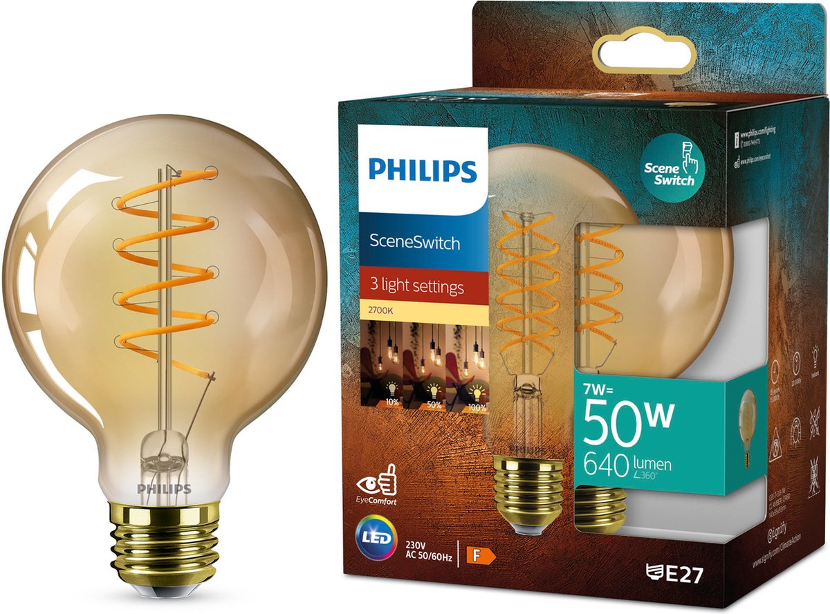 Philips led philips deco led - sceneswitch - 50w - e27 fitting - g95 globe lampvorm - amberkleurige lamp