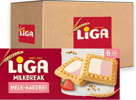 Liga milkbreak duo koekjes melk aardbei - doos 12 x 245g - koek - koeken voor onderweg of werk en kantoor