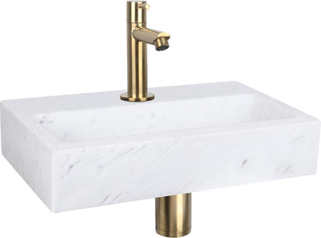 Differnz flat fonteinset - marmeren wasbakje met rechte kraan in mat goud - inclusief afvoerplug en sifon - hangend te bevestigen - compact fonteintje - afmetingen 38 x 24 x 8 cm - kleur wit