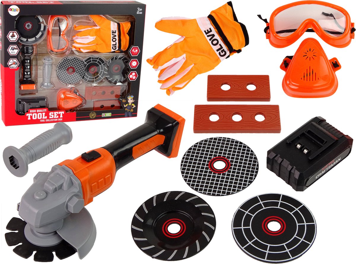 Lean toys diy 13-delige tool gereedschap set met werkende slijptol - speelgoed gereedschap - jongens en meisjes - vanaf 3 jaar