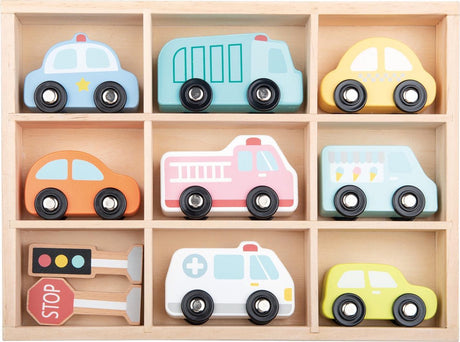 Lelin ® houten voertuigenset 9 delig – houten speelgoed met auto’s en voertuigen – educatief speelgoed – vanaf 18 maanden