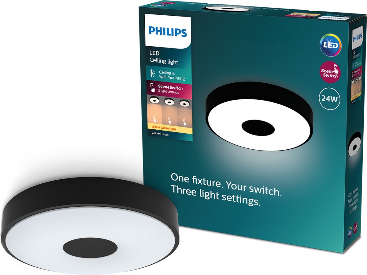 Philips led philips coiner plafondlamp - sceneswitch lichttechnologie - 24w - warmwit licht - zwart design