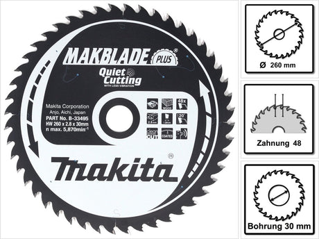 Makita tafelzaagblad voor hout | makblade-plus | ø 260mm asgat 30mm 48t - b-33495