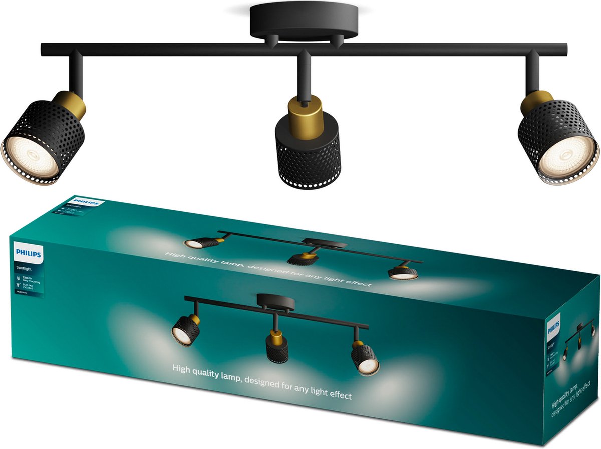 Philips led philips niall spot - plafondspot met drie lichtpunten - zwart met goud design - gu10 led fitting