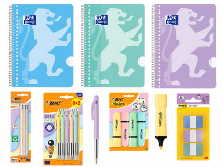 Oxford back to school - schoolset - collegeblokken a4+, bic pennen, markeerstiften, post-it indextabs bic potlood - pastel mix