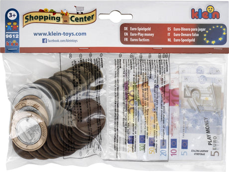 Klein toys euro speelgeld - 25 munten van 1 cent tot 2 euro en 35 biljetten van 5 tot 500 euro - meerkleurig
