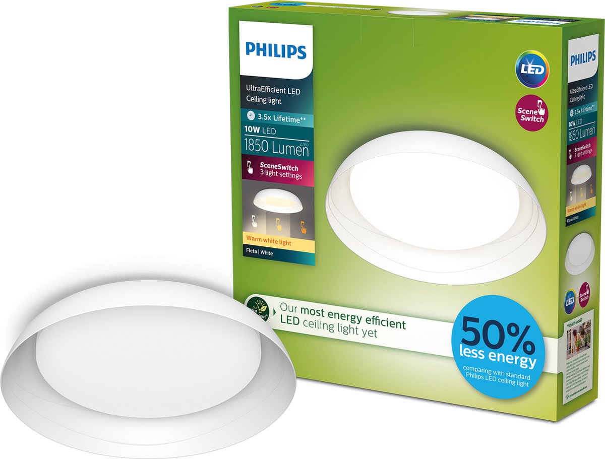 Philips led philips fleta plafondlamp - ultra efficient - sceneswitch lichttechnologie - 10w - warmwit licht - wit design - bespaar op energiekosten