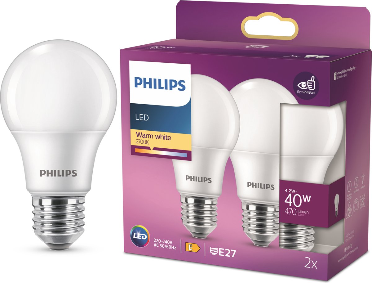 Philips led energiezuinige lamp mat - 40 w - e27 - warmwit licht - 2 stuks - bespaar op energiekosten