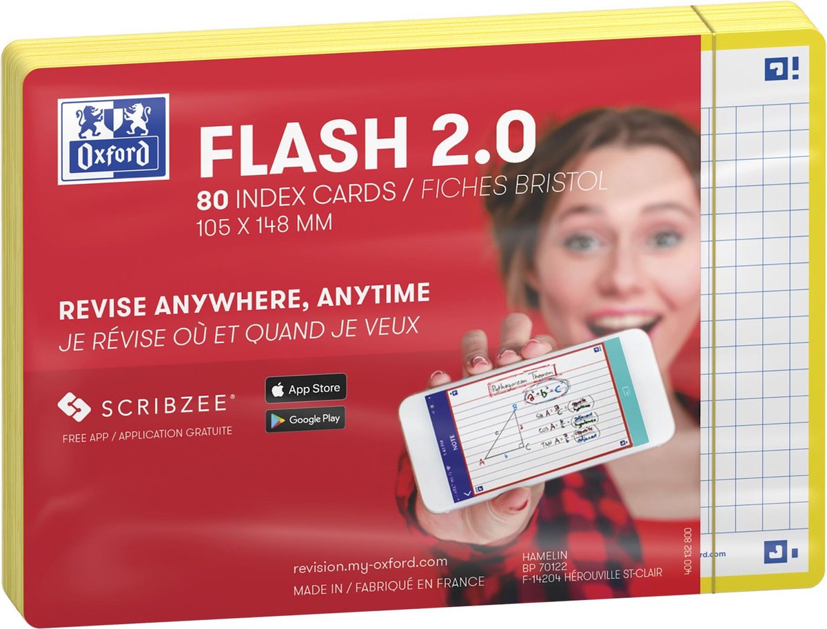 Oxford flash 2.0 - flashcards - geruit 5mm - a6 - gele rand - 80 stuks
