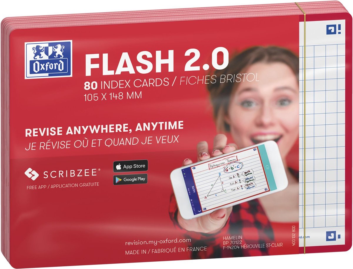 Oxford flash 2.0 - flashcards - geruit 5mm - a6 - rode rand - 80 stuks