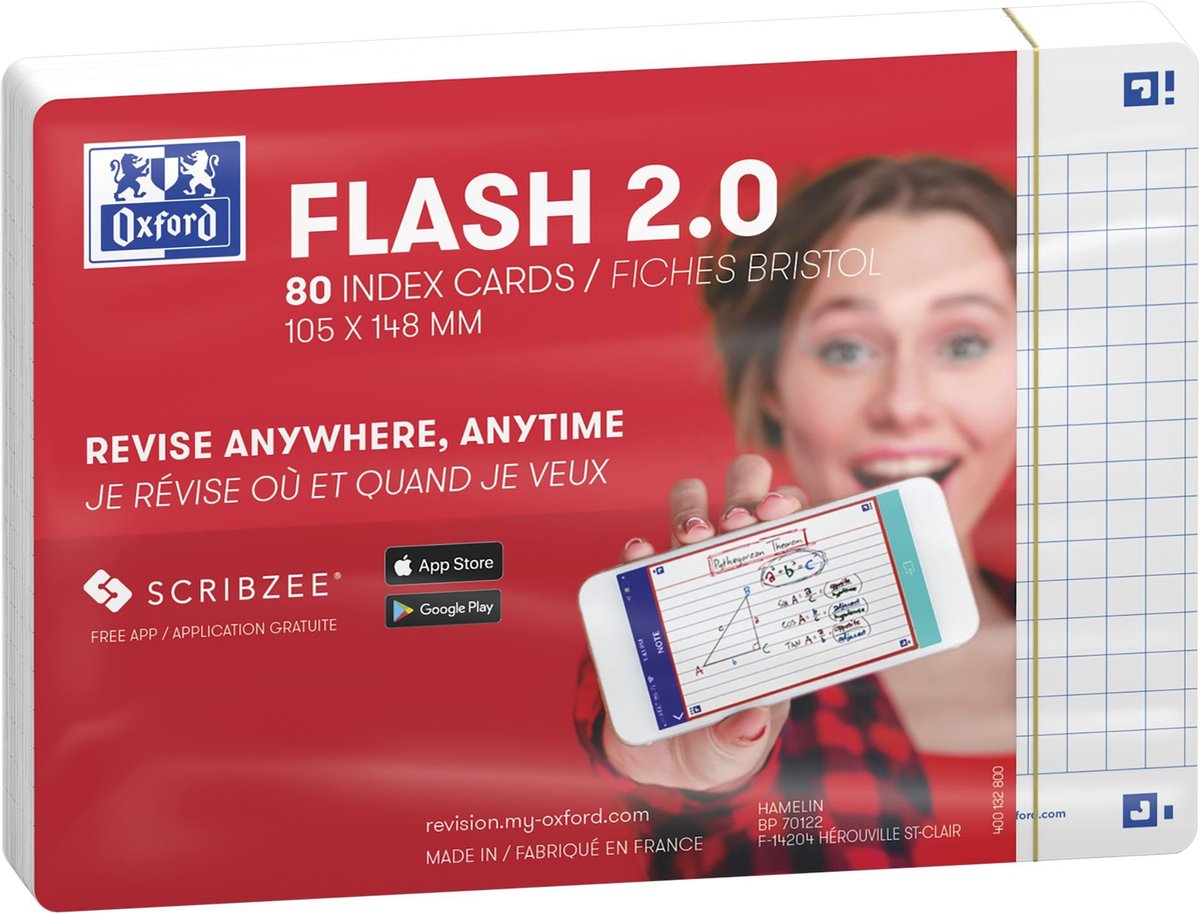 Oxford flash 2.0 - flashcards - geruit 5mm- a6 - wit - 80 stuks