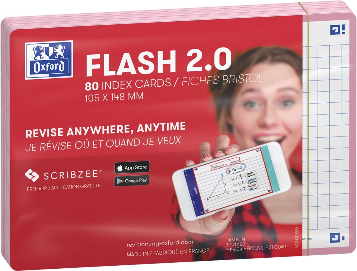 Oxford flash 2.0 - flashcards - geruit 5mm - a6 - roze rand - 80 stuks