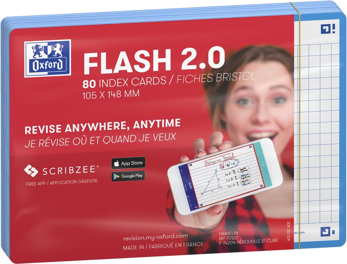 Oxford flash 2.0 - flashcards - geruit 5mm - a6 - turquoise rand - 80 stuks