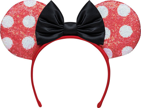 Disguise disney - minnie, minnie mouse haarband diadeem met pailletten en strikoren, rood zwart, maat kind