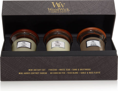 Woodwick hourglass geurkaars deluxe cadeauset - 3 mini - woody - 60 branduren