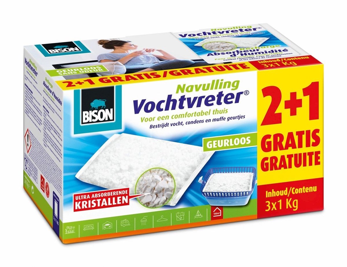 Bison vochtvreter® navulzak neutraal 3x 1 k g schikt voor vochtvreter®, bestrijd hoge luchtvochtigheid, geen batterij nodig, ook geschikt voor caravans en campers