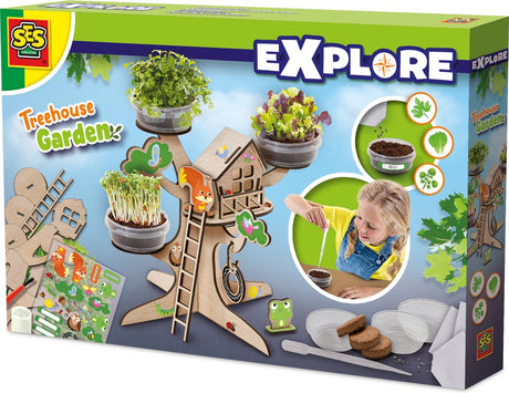 Ses creative - explore - houten boomhut kweekset - kruiden plantjes kweken - met speelgoed poppetjes en houten 3d boom - spelen en leren – moestuin voor kinderen