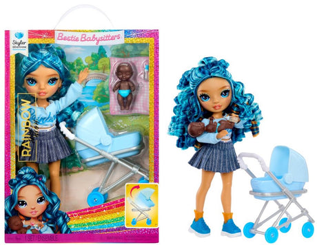 Rainbow high junior high jr. high bestie babysitters – skyler bradshaw (blauw) - modepop 23 cm met baby, fles en kinderwagen - vanaf 4 jaar