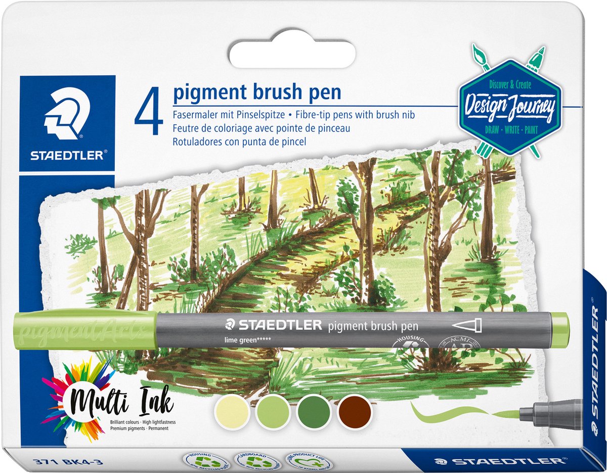 Staedtler pigment brush pen set 4 kleuren forest colours