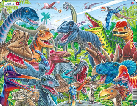 Larsen blije dinosauriërs – puzzel – dieren – prehistorie – educatieve legpuzzel voor kinderen – 43 stukjes – gemaakt in noorwegen – extra dikke 2,5 mm stukjes – tray met vaste rand