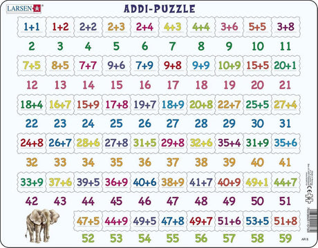Larsen optellen – puzzel – leren rekenen – optellen – educatieve legpuzzel voor kinderen – 58 stukjes – gemaakt in noorwegen – extra dikke 2,5 mm stukjes – tray met vaste rand