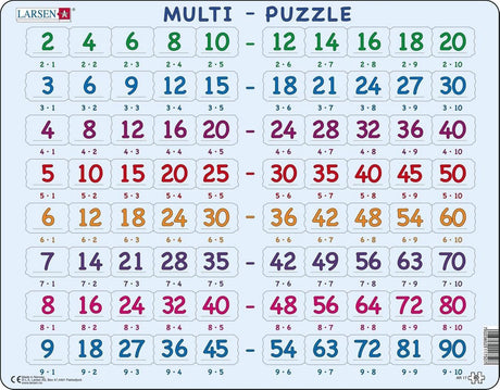 Larsen tafels – puzzel – leren rekenen – tafels – educatieve legpuzzel voor kinderen – 80 stukjes – gemaakt in noorwegen – extra dikke 2,5 mm stukjes – tray met vaste rand