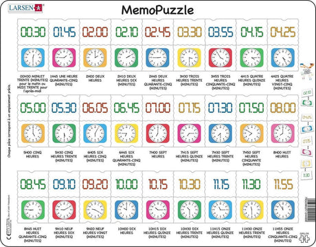 Larsen apprendre l’heure – puzzle mémo – horloge – lecture de l’heure – puzzle éducatif pour enfants – 54 pièces – fabriqué en norvège – pièces extra épaisses de 2,5 mm – plateau avec bord fixe