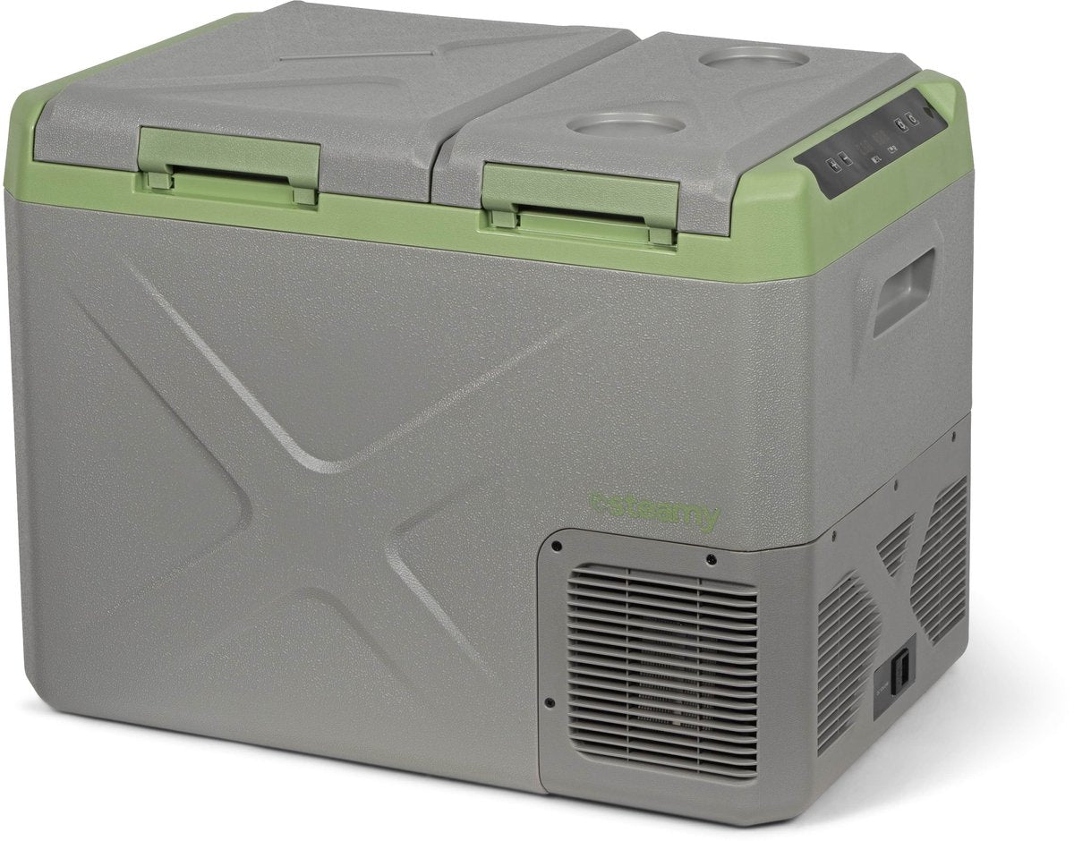 Steamy -e elektrische compressor koelbox - dual compartment - tegelijk koelen en vriezen - 32 liter - 12v en 230v - voor auto en camping - grijs