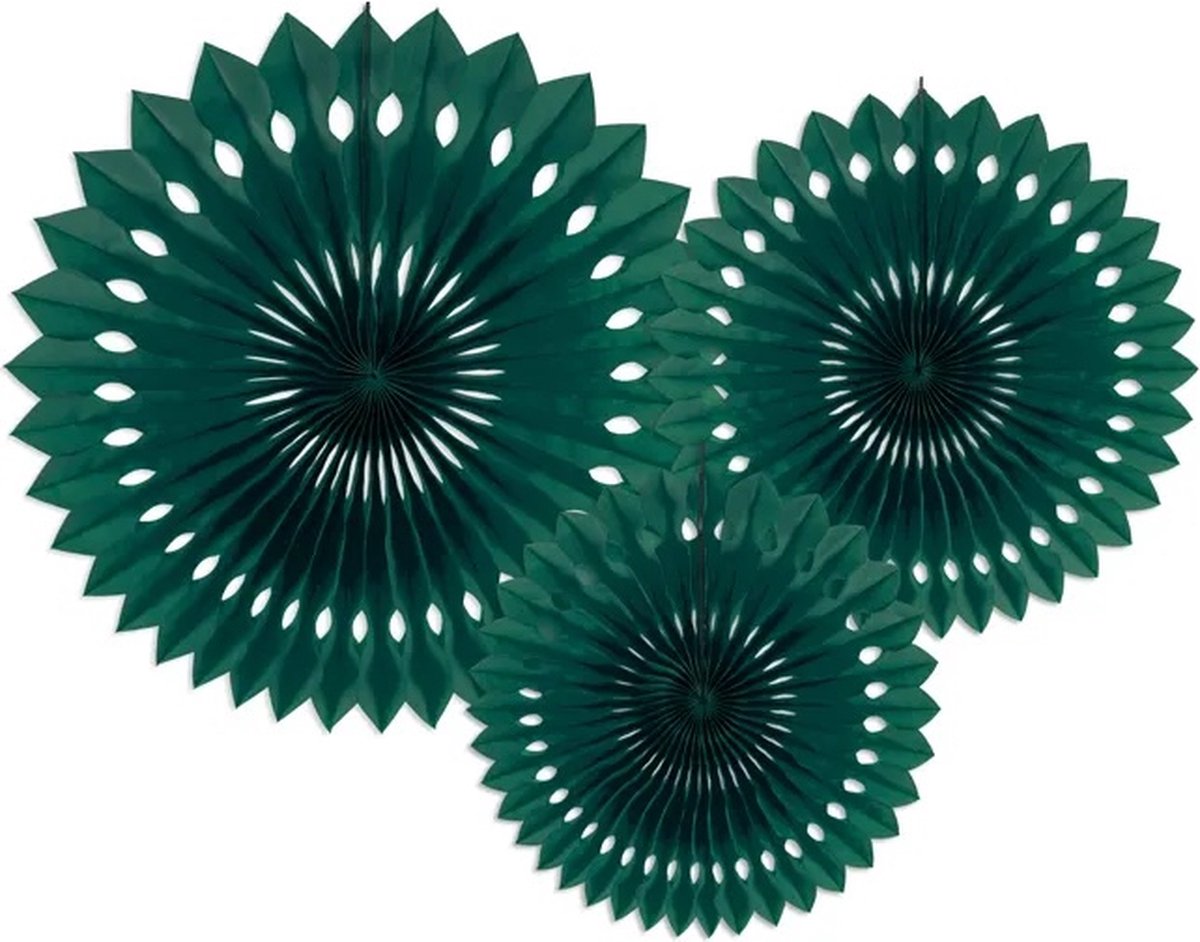 Partydeco papieren waaiers - rosettes - donkergroen - 20 25 30 centimeter