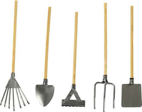 Creativ company tuingereedschap - mini tuingereedschapset - hark, schep, vork - miniatuur - hobbydecoratie - metaal en hout - lengte: 11 cm - creotime - 5 stuks