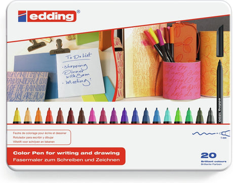 Edding 1200 viltstiften - set van 20 kleurstiften in luxe metalen box - ronde punt 1 mm - inkt op waterbasis - voor schrijven, schetsen en lay-outs op lichtgekleurd papier
