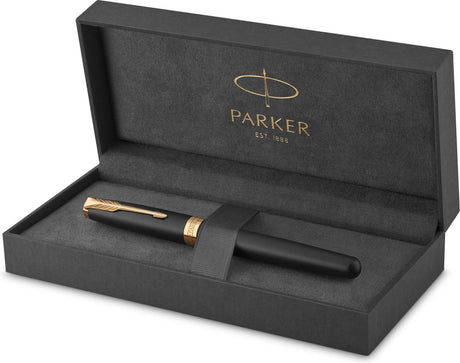 Parker sonnet rollerballpen | matzwarte lak met gouden details | fijne punt zwarte inkt | geschenkverpakking