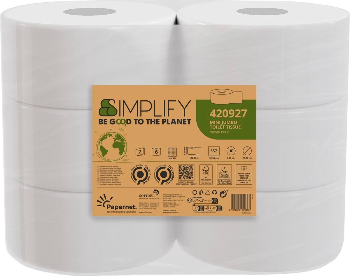 Papernet toiletpapier simplify mini jumbo | 2-laags | 557 vellen | pak van 6 rollen