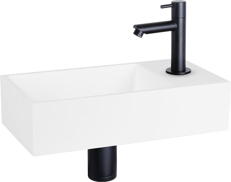 Differnz solid fonteinset met kraan - solid surface mat wit - kraan recht mat zwart - rechthoekig model - slijtvast en krasbestendig - geschikt voor 1 kraangat - afmetingen 36 x 18.5 x 9 cm