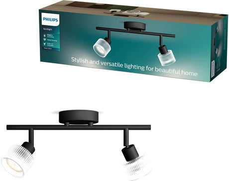 Philips led philips horen opbouwspot - led gu10 fitting - richtbaar - 2 lichtpunten - clickfix - zwart met geribbeld glas