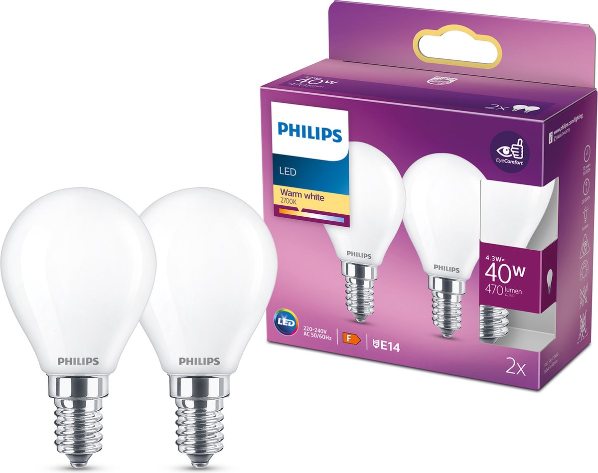 Philips led lamp - kogellamp met e14 fitting - warmwit licht: 2700k - 40w - mat glas - 2-pack