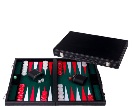 Longfield backgammon 18 inch - groen, rood wit gestikt bord - kunstlederen koffer met handvat - engelhart