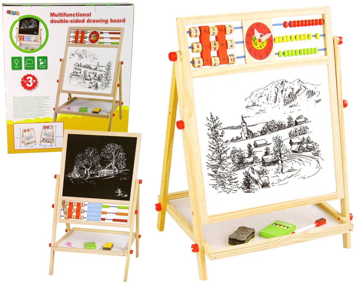 Lean toys dubbelzijdig educatief teken bord 2in1 - houten tekenbord met abacus, klok en alfabet - wit schoolbord en zwart whiteboard - met opbergplank