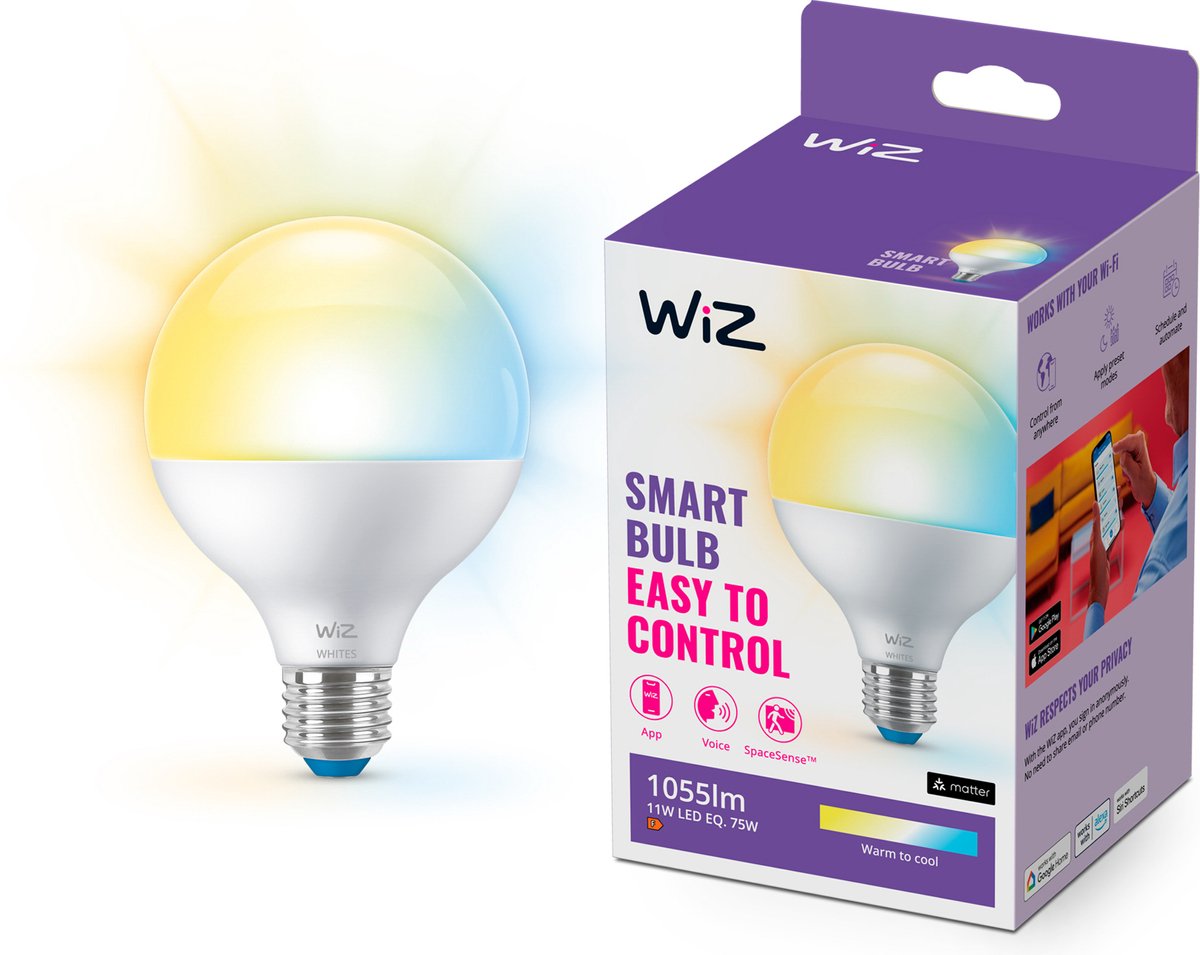Wiz globe lamp - warm- tot koelwit licht - slimme led verlichting - e27 fitting - 75w - mat - wi-fi